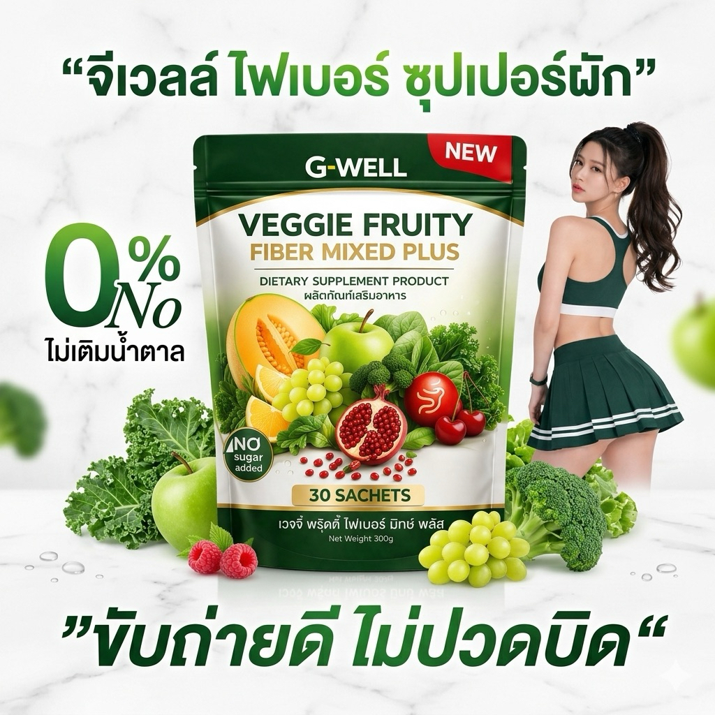 Veggie Fruity Fiber mixed  Plus G-well ไฟเบอร์ผักผลไม้รวม ลดท้องผูก ช่วยระบบขับถ่าย ห่อละ 30 ซอง