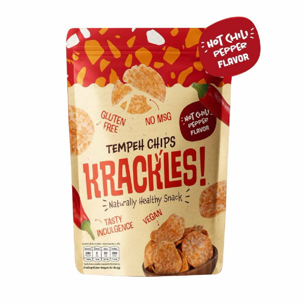 Krackles Tempeh Chips Hot Chili Pepper Flavor  50g ขนมเทมเป้แผ่นกรอบ รสฮอตชิลลี่เปปเปอร์