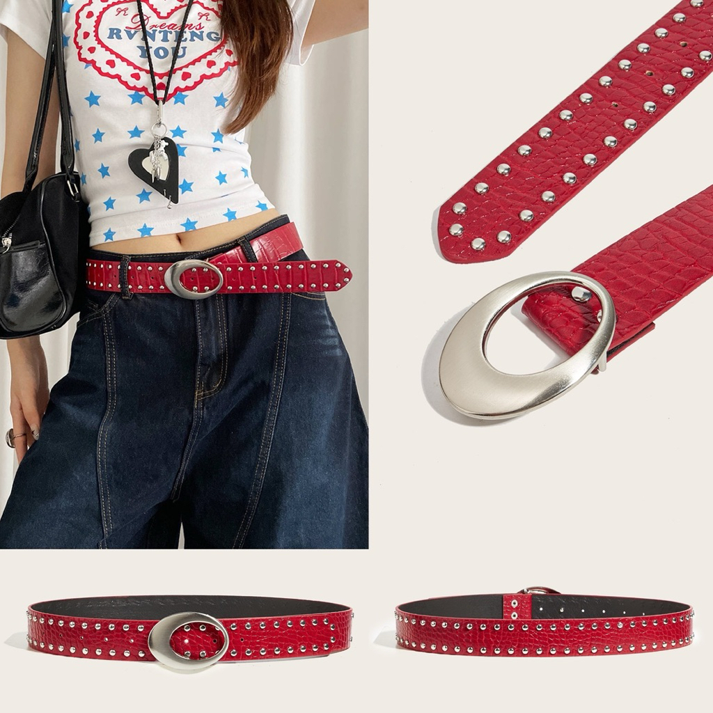 (สีแดง)Silver buckle (เริ่มต้น 27-35 นิ้ว / ยาว 100 CM.) - พร้อมส่ง  เข็มขัดหนัง PU หัวเข็มขัดสีเงิน