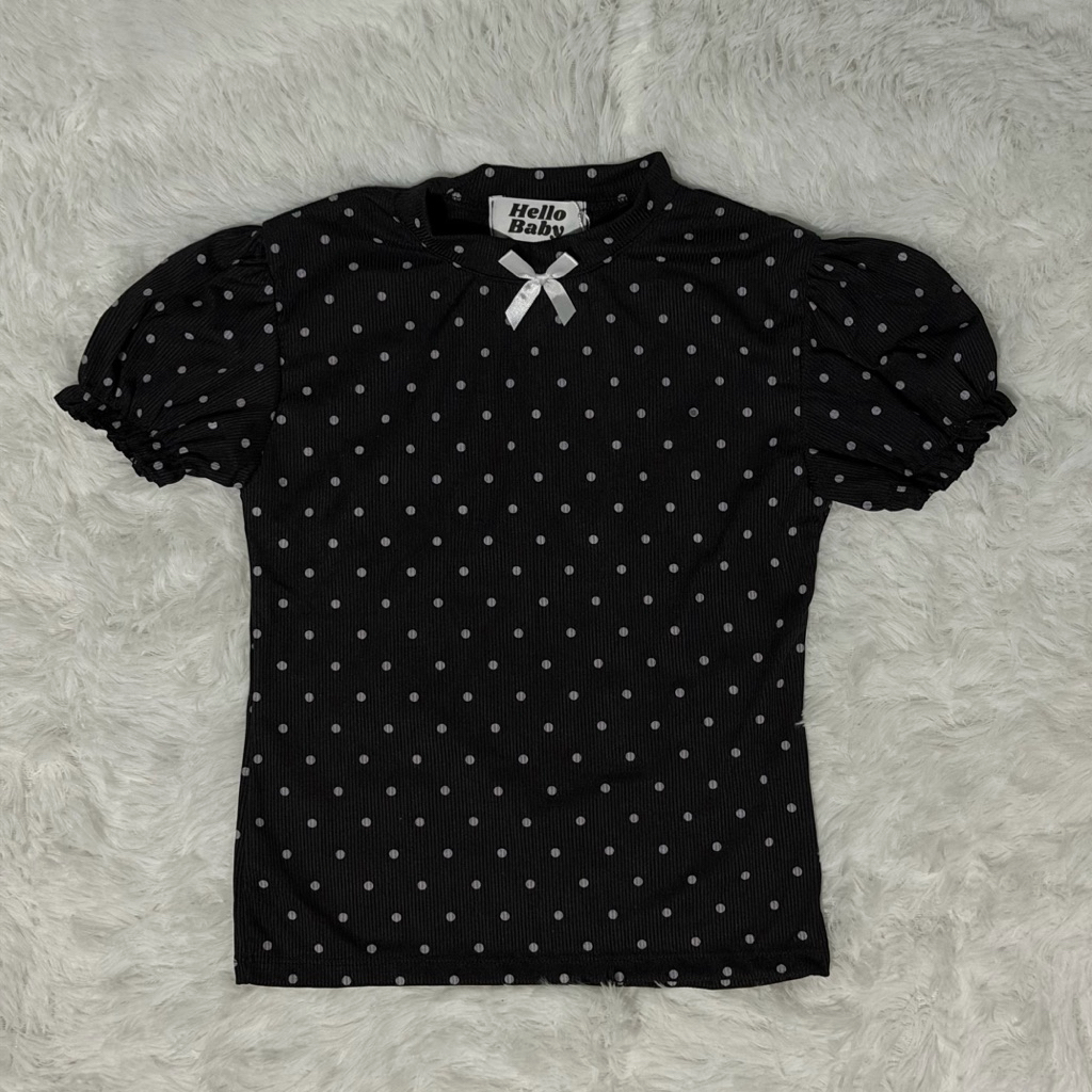 ป้าย Hello Baby เสื้อยืดดำลายจุด