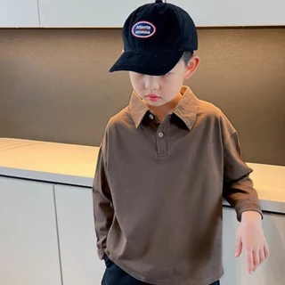 เสื้อโปโลแขนยาวสำหรับเด็กผู้ชาย เสื้อยืดผ้าฝ้ายสีพื้นแบบลำลอง เสื้อตัวใน สไตล์เกาหลี เหมาะสำหรับนักเรียน