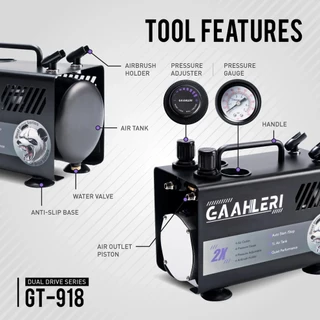 Gaahleri GT-918 ปั๊มลมแอร์บรัช 1L เสียงเงียบ 44dB มีถังพักลม ต่อได้ 2 หัวพร้อมกัน รับประกัน 3 ปี สำหรับพ่นโมเดล