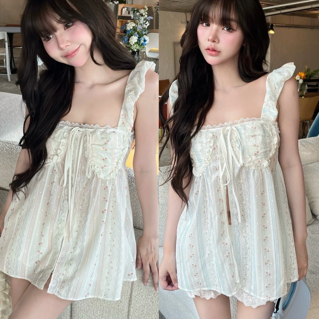 🌟Mamildya.shop🌟 เสื้อสายเดี่ยว แขนระบาย/ L1-2/NUSA-WW⚫
