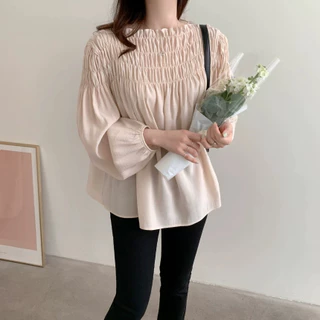 Beryl พร้อมส่ง เสื้อยืดแขนยาวผู้หญิง มีเอกลักษณ์ เสื้อยืดไหล่เปิด แขนพอง ดีไซน์รอยย่น แขนกระบอก ทรงหลวม