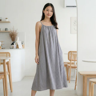 เดรสสายเดี่ยวผ้าสาลู 2 ชั้น อัดย่นลายวาฟเฟิล สไตล์ Minimal Lanna (ไม่ต้องรีด!)