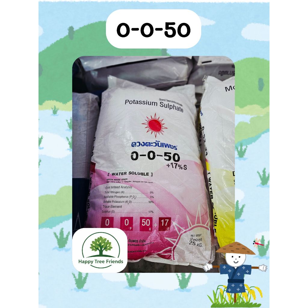 (เกล็ดผง) 0-0-50+ซัลเฟอร์ 17%โพแทสเซียมซัลเฟต ดวงตะวันเพชร ปุ๋ยหวาน ละลายน้ำดี ดูดซึมง่าย 25 ก.ก.