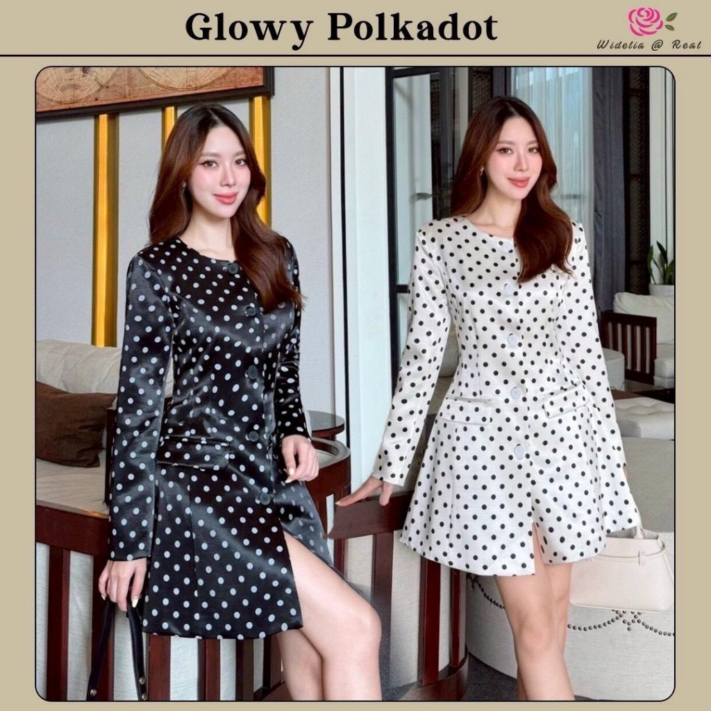 Widelia มีให้เลือก 2 สี สีขาว/สีดำ Glowy Polkadot Set เสื้อทรงสูทตัวยาวผ้าดัชเชสลายจุดกระดุมหน้า + ก