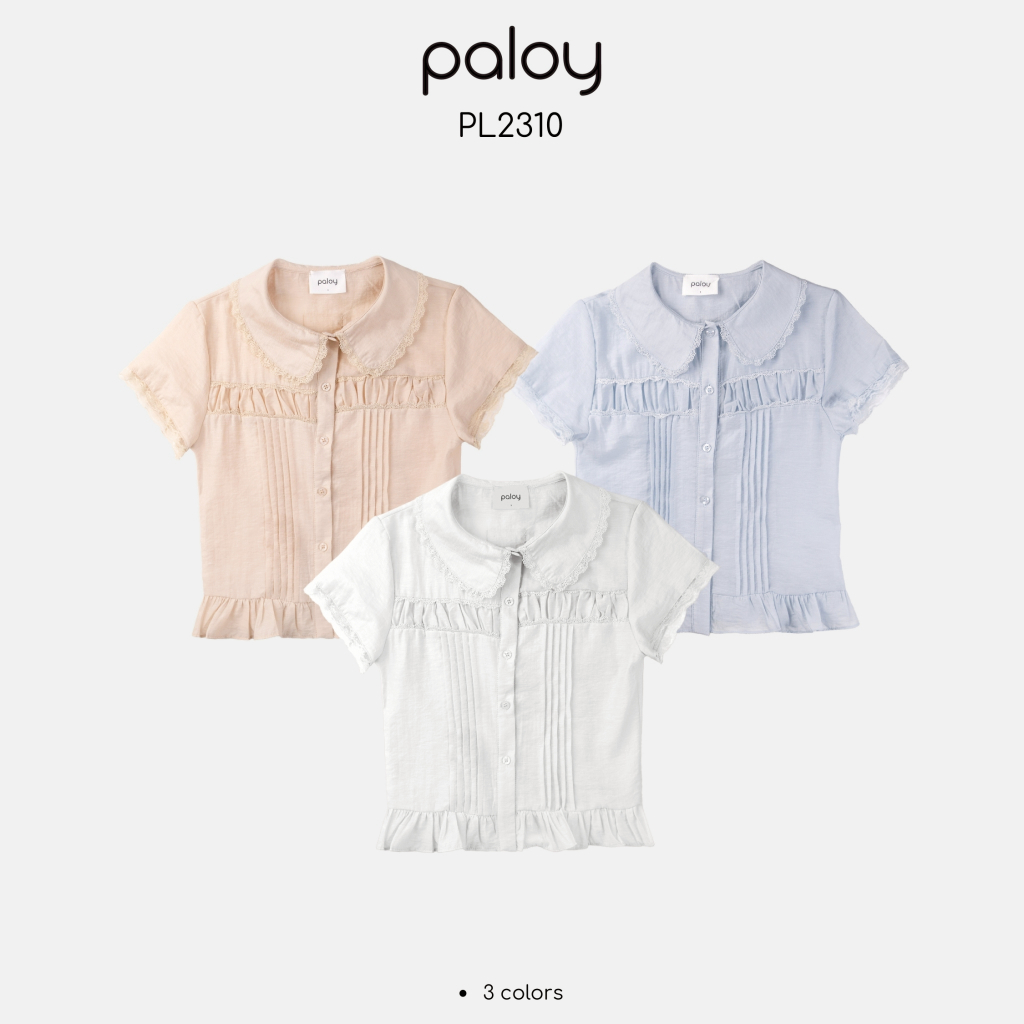 Paloy - PL2310 เสื้อแขนสั้นคอบัวเย็บขอบลูกไม้ ชายระบาย