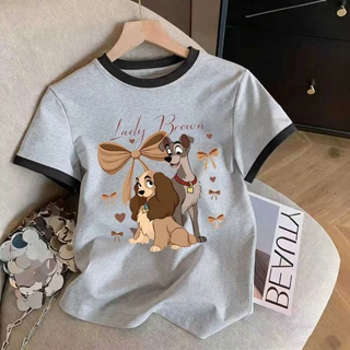 M-3XL เสื้อทีเชิร์ตผู้หญิง ลายสุนัข Lady Brown น่ารัก สีครีม-น้ำตาล แฟชั่นฤดูร้อน ใส่สบาย