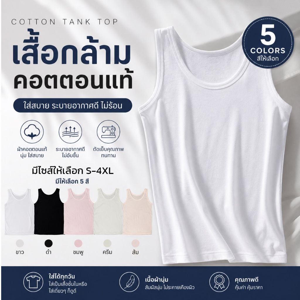 SL0009 เสื้อกล้าม ผู้หญิง เสื้อซับใน คนอ้วน ไซท์ใหญ่ เบอร์ S,M,L,XL,XXL,3XL,4XL รอบอก 26-54 สีขาว สีดำ เสื้อทับ