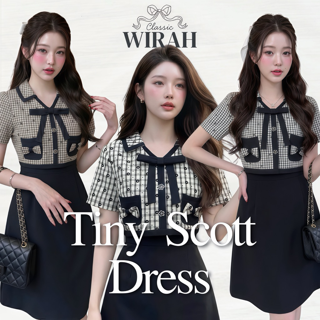 DW472A2 Tiny Scott Dress ชุดเดรสกั๊กลายสก็อต ตกแต่งโบว์กลางอก