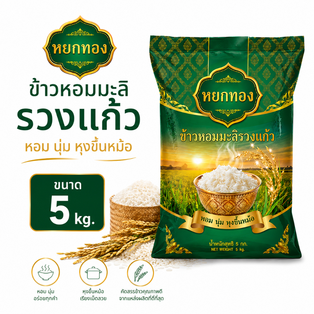 [ลดราคา] ข้าวหอมมะลิตราหยกทอง ขนาด 5 กิโลกรัม จัดส่งฟรี