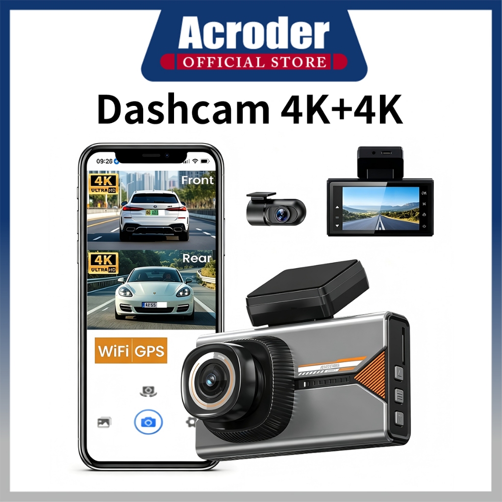 Acroder กล้องติดรถยนต์  4K+4K DUAL CHANNEL DASH CAMERA WIFI การตรวจสอบระยะไกล GPS
