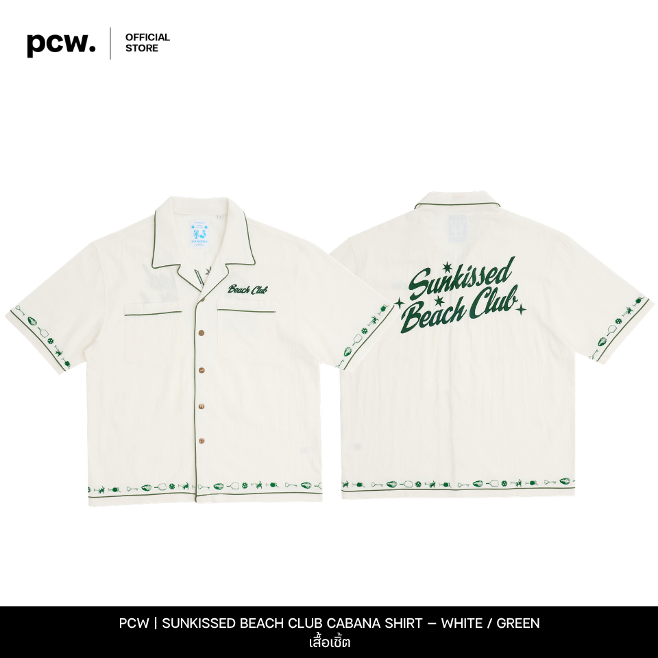 PCW | PASTEL CREATIVE WEAR |  SUNKISSED BEACH CLUB CABANA SHIRT — WHITE / GREEN  | เสื้อเชิ้ต