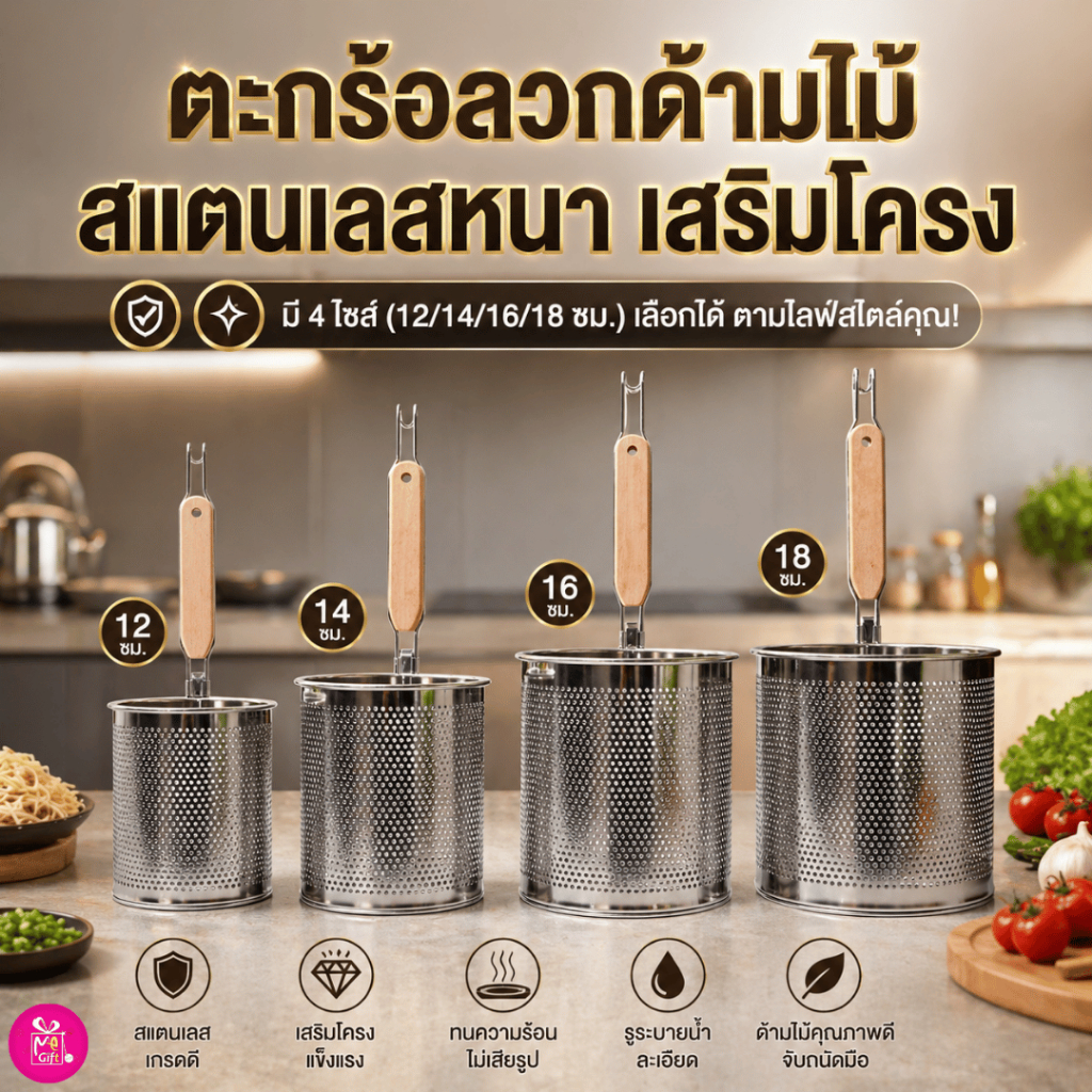 ตะกร้อลวกอาหารด้ามไม้ สแตนเลสอย่างดี ใส่อาหารได้เยอะ กระชอนลวกเส้น เสริมโครง ขนาด 12/14/16/18 ซม. พร้อมส่ง