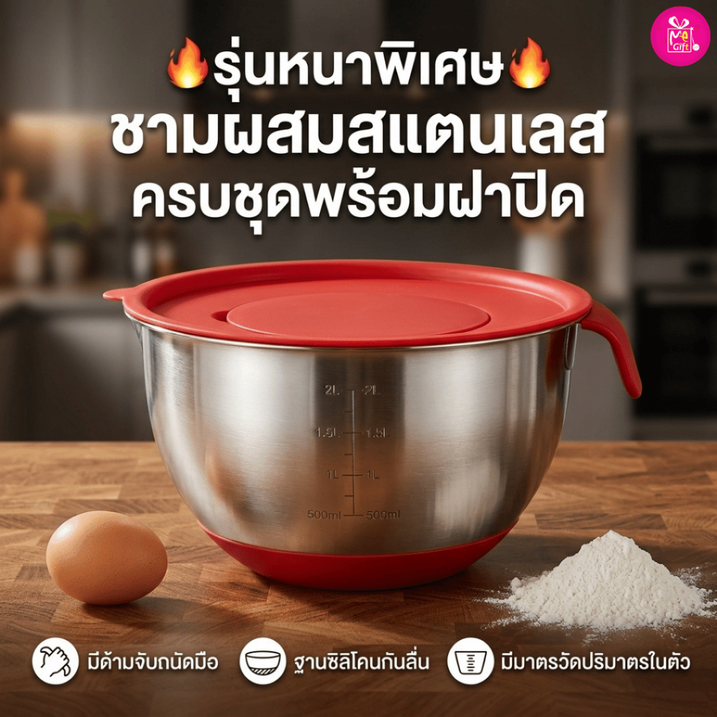 🔥หนาพิเศษ🔥 ชามผสมสแตนเลส มีหูจับพร้อมฝาปิด มีตัวเลขบอกปริมาณ (มีให้เลือกซื้อ2ขนาด)ชามผสมแป้ง ชามผสมอาหารสเตนเลส