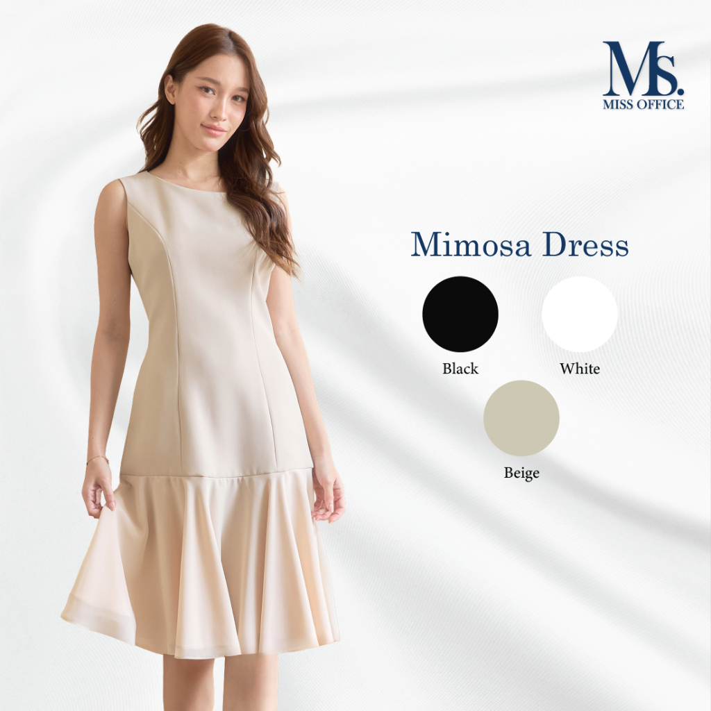 Miss Office เดรสแขนกุดคอปาดตัดต่อระบายชีฟอง (Mimosa Dress : MD-143)
