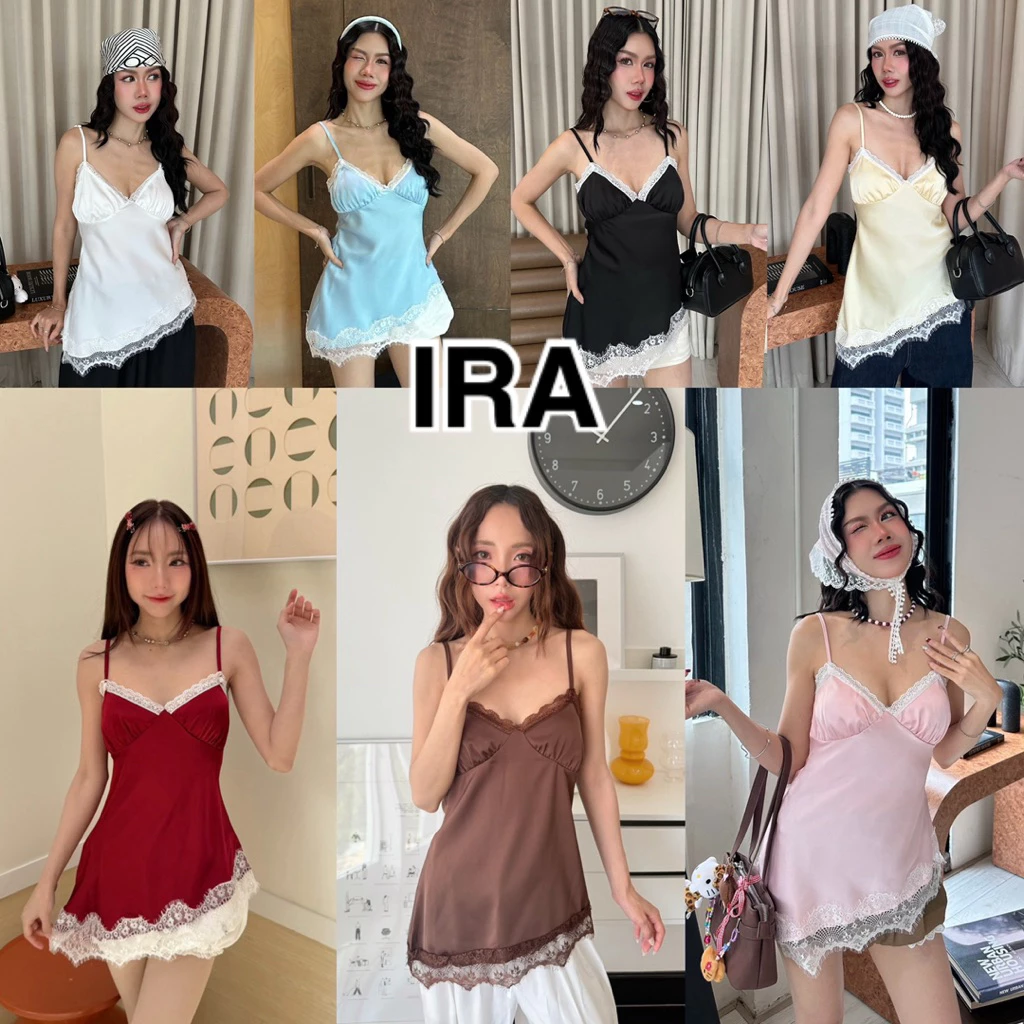 BY IRA Haven Top มินิดรสสายเดี่ยวผ้าซาตินพรีเมียม ดีไซน์ผูกหลัง แต่งชายลูกไม้นุ่ม ใส่สบาย