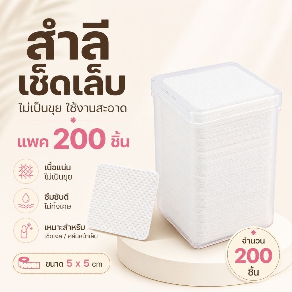 จัดส่งทันที ♡ แผ่นสำลีทำความสะอาด  ขนไม่หลุด 5×5cm. กล่อง200แผ่น