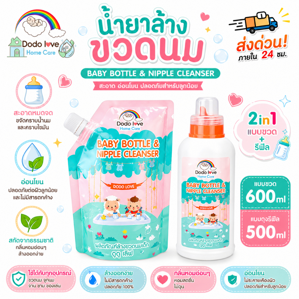 ส่งด่วน DODOLOVE Home Care น้ำยาล้างขวดนมและจุกนม 600/500ml ผลิตภัณฑ์ล้างขวดนมเด็ก กลิ่นหอม ล้างสะอาด ปลอดภัย อ่อนโยน