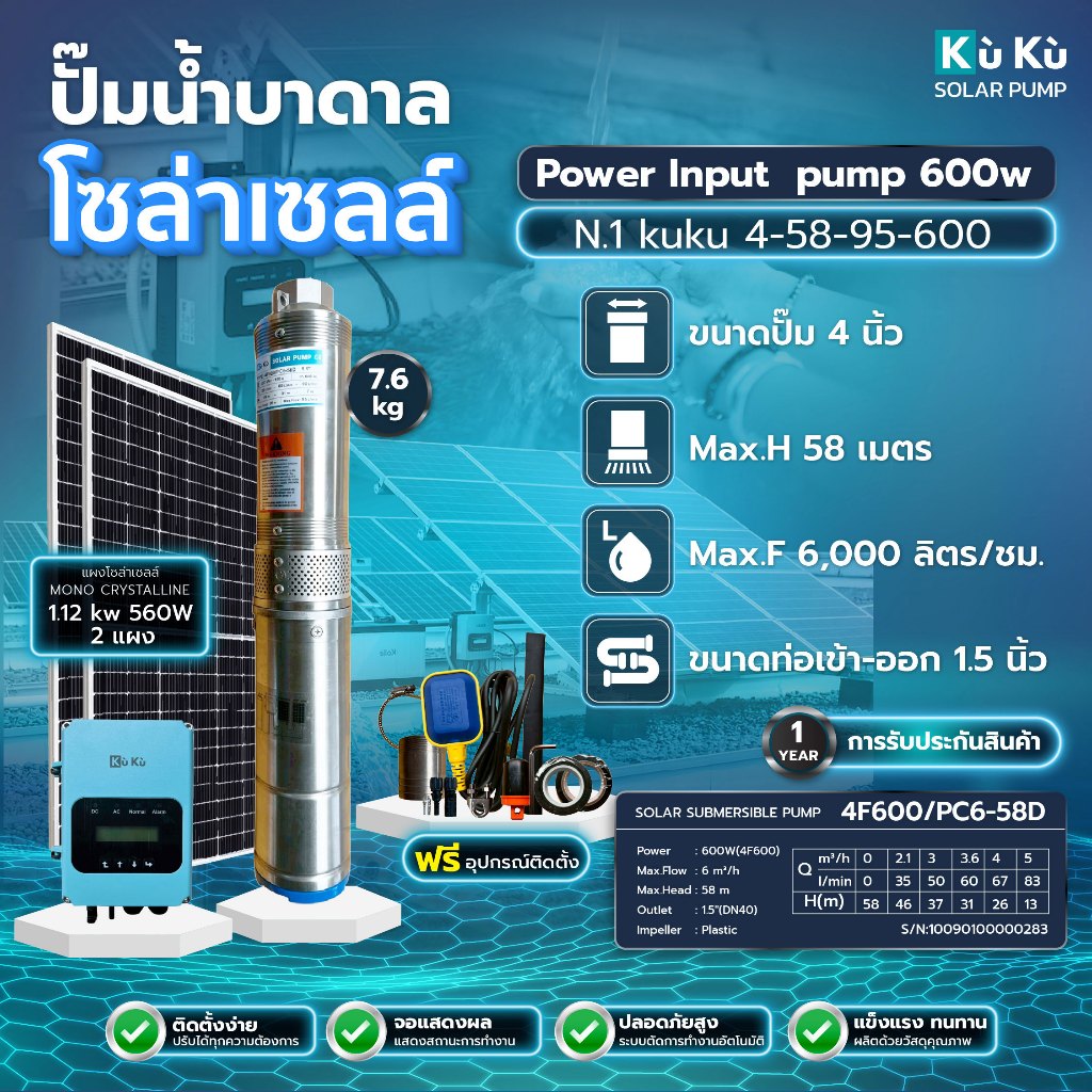 ปั๊มน้ำบาดาล โซลาร์เซลล์ 1.12 Kw (2*560) KUKU PUMP N.1 DC 600W Max.H 58m Max.F 95 L/S 1.5"
