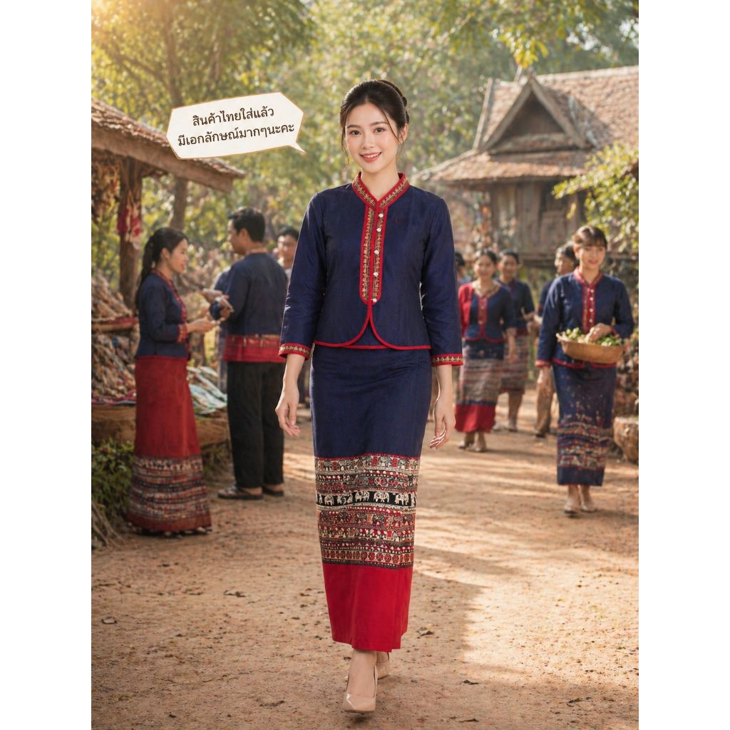 ชุดภูไทผ้าฝ้าย สไตล์พื้นเมือง สำหรับผู้หญิง ใส่สวยสีเด่น แต่งเทปแดงแบบมีเอกลักษณ์ ใส่ได้ทุกเทศกาล