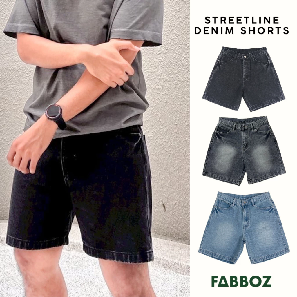 FABBOZ STREETLINE Denim Shorts กางเกงขาสั้นยีนส์ฟอกสีดำสุดฮิต ทรง Straight/Relaxed เหนือเข่า