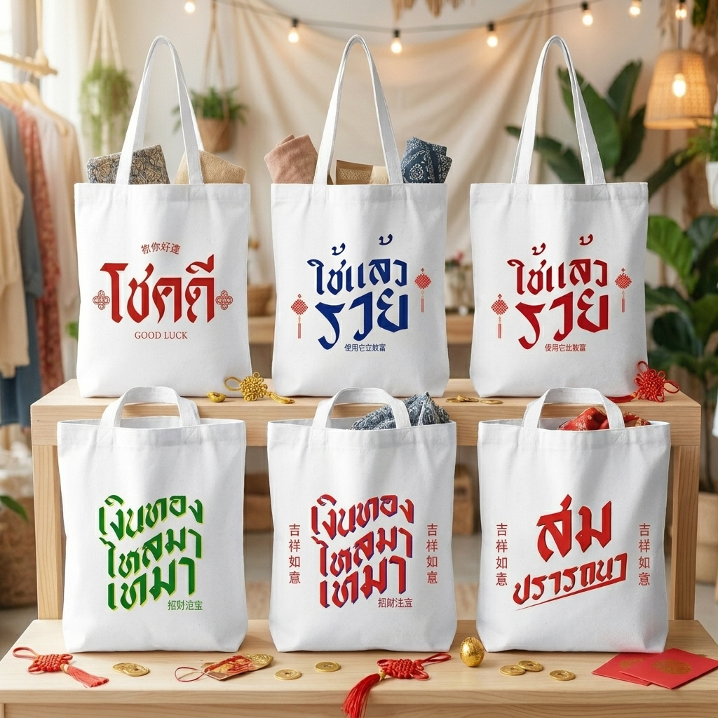 กระเป๋าผ้า ถุงผ้าดิบ ลาย มงคล กระเป๋าผ้าสกรีน หูยาวไม่รั้งไหล่ RR24 ราคา ถูกที่สุด ดีลบีเคเค