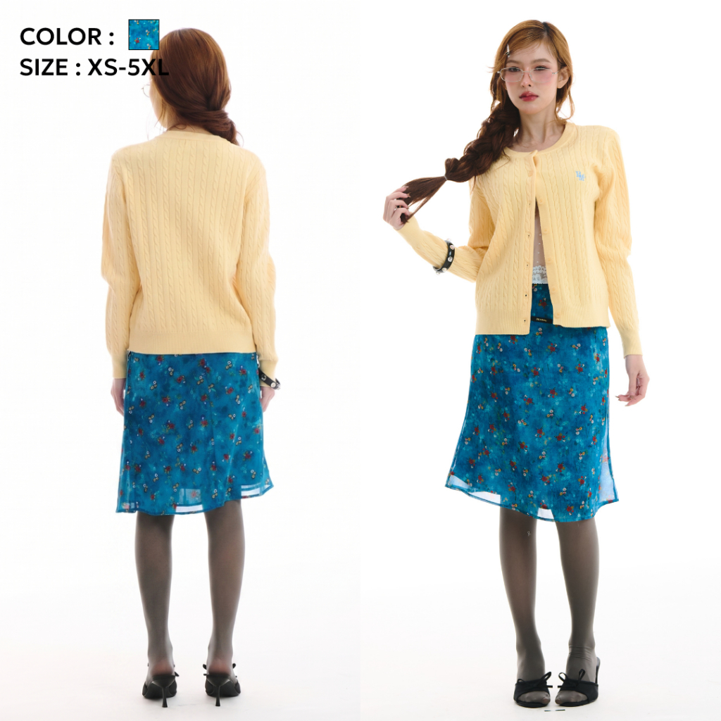 Bemingskirt085(XS-5XL)-Nely Skirt - กระโปรงลายดอกให้ฟีลหวานทรงเอปล่อยปลายชายกระโปรง