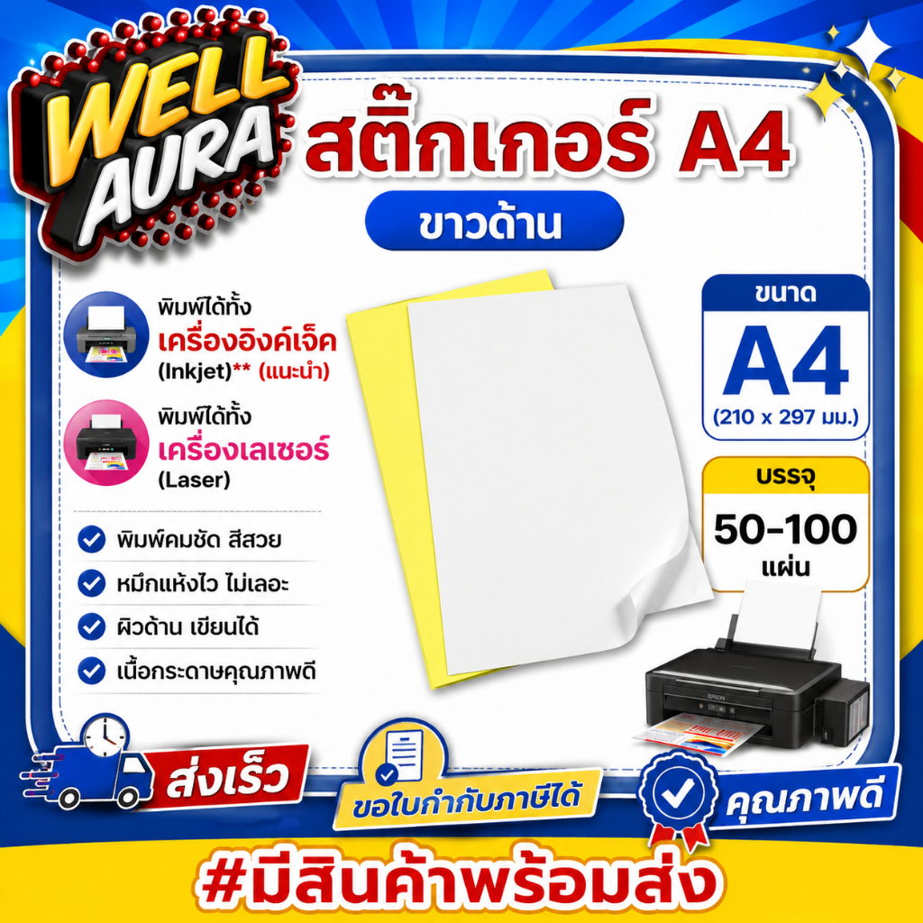 [ส่งด่วน]สติ๊กเกอร์ A4 ขาวด้าน (50-100 แผ่น) กระดาษ A4 สติ๊กเกอร์ สติ๊กเกอร์อเนกประสงค์ A4