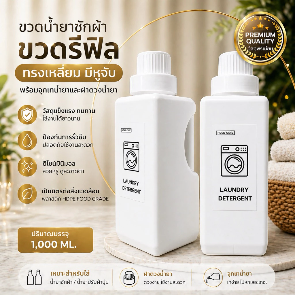 ขวดน้ำยาซักผ้า ขวดรีฟิล สีขาว ทรงเหลี่ยม มีหูจับ (พร้อมจุกเทน้ำยา) (1,000 ML.) PK1000ML40 ฝาตวงสีขาว (พร้อม สติ๊กเกอร์)