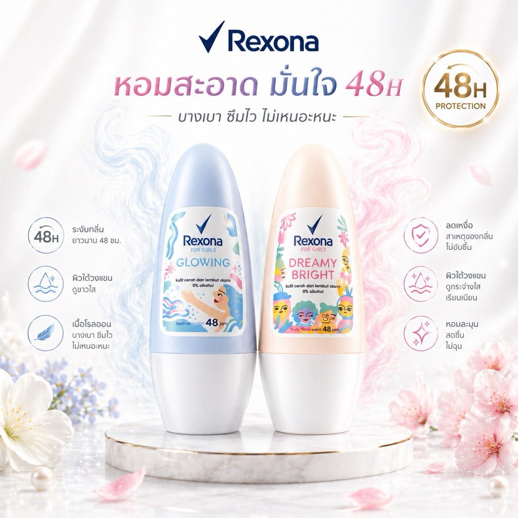 Rexona Roll On 40 ml โรลออนผู้หญิง 48H ระงับกลิ่นกาย ลดเหงื่อ แห้งไว ไม่เหนอะ วงแขนใส กลิ่นหอมติดทน ของแท้ พร้อมส่ง