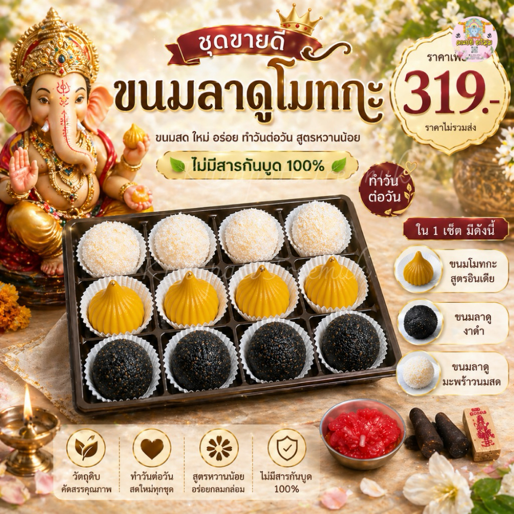 เซ็ตขายดี⭐️ ขนมถวายพระพิฆเนศ ลาดูงาดำ ลาดูมะพร้าว ขนมลาดูโมทะกะ
