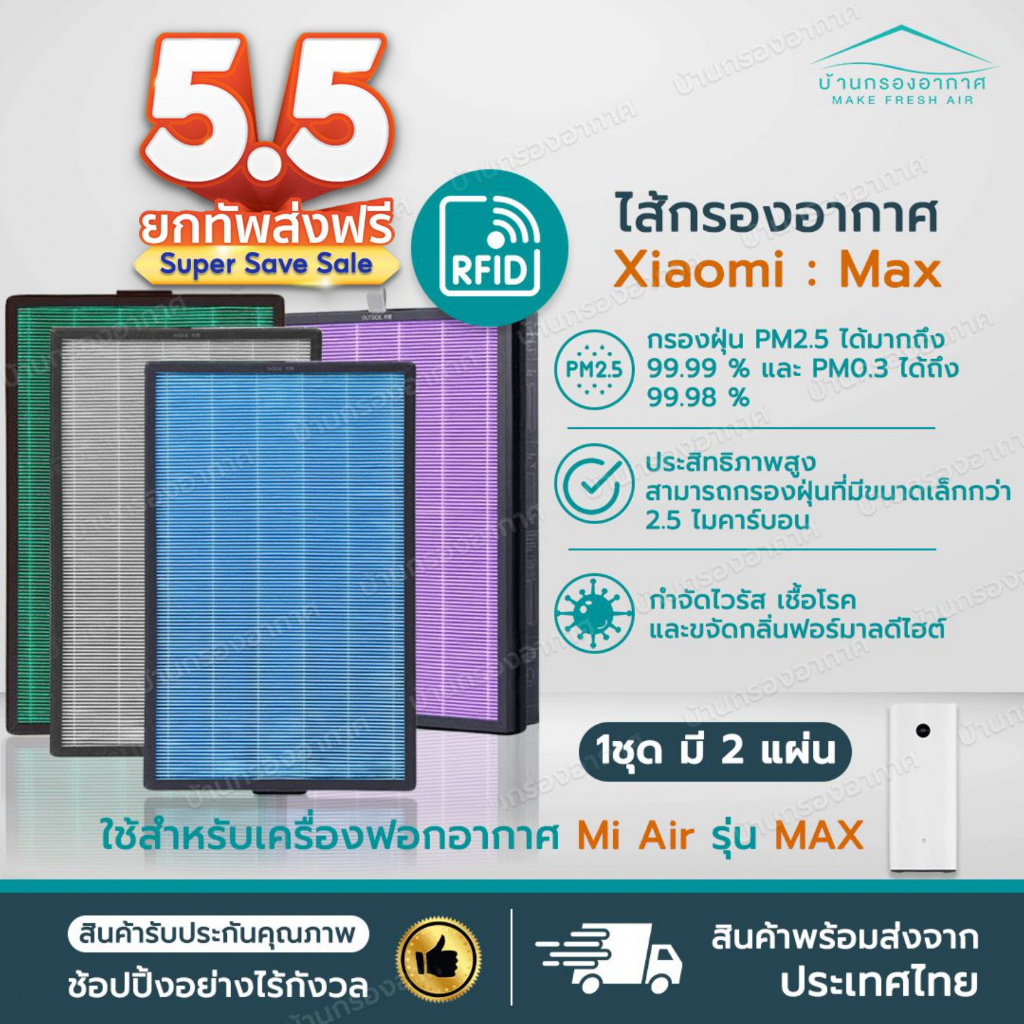 RFID (2 ชิ้นครบชุด) แผ่นกรองอากาศ สำหรับ XIAOMI MI AIR PURIFIER MAX FILTER อะไหล่ OEM ไส้กรอง Xiaomi Max