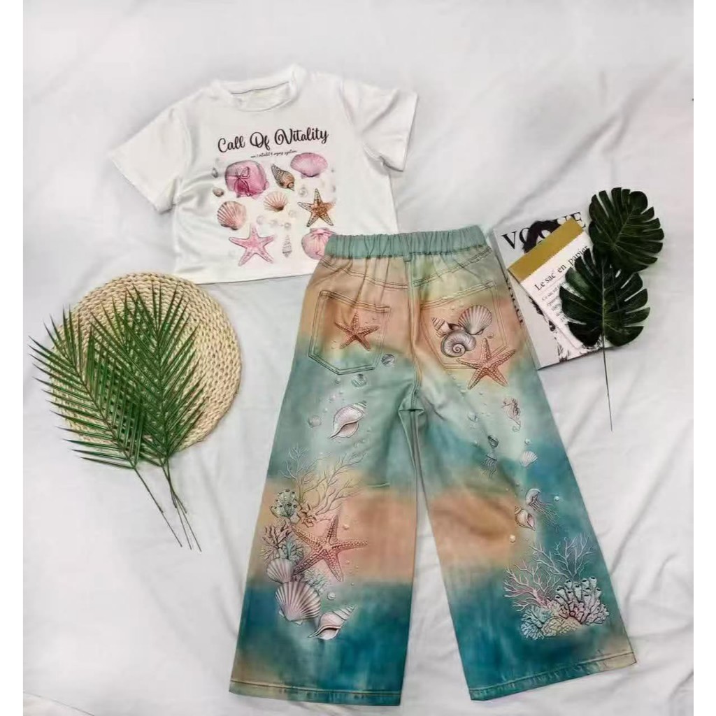 AY266 เซ็ตเสื้อกางเกงเด็ก ลายหอยทะเล สีหวาน ใส่สบาย เหมาะกับหน้าร้อน ราคา ถูกที่สุด ดีลบีเคเค แกลเลอรีภาพที่ 6