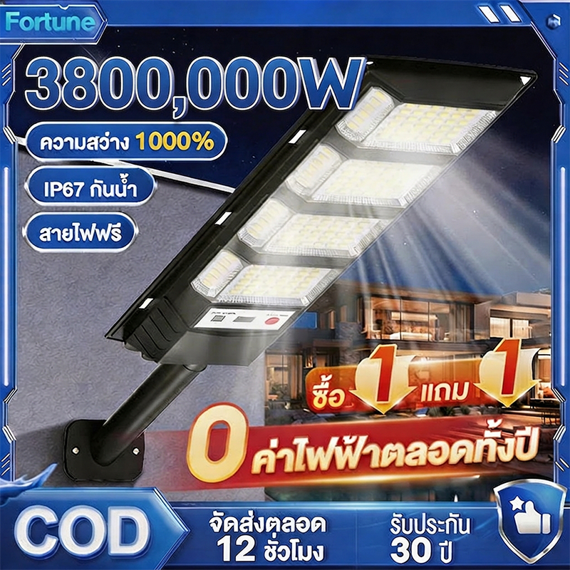 🔥ซื้อ 1 แถม 1🔥ไฟโซล่าเซลล์ 3800,000W ไฟถนนโซล่าเซลล์ IP67 Solar Light กันน้ำและกันฟ้าผ่  แสงสีขาว ระบบเซนเซอร์