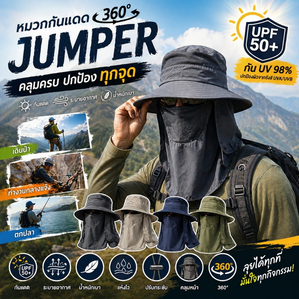 Jumper หมวกกันแดด 360 องศา มีผ้า มีหน้ากาก คลุมหน้า กัน UV ทรงปีกรอบ สำหรับทำงาน กลางแจ้ง เดินป่า