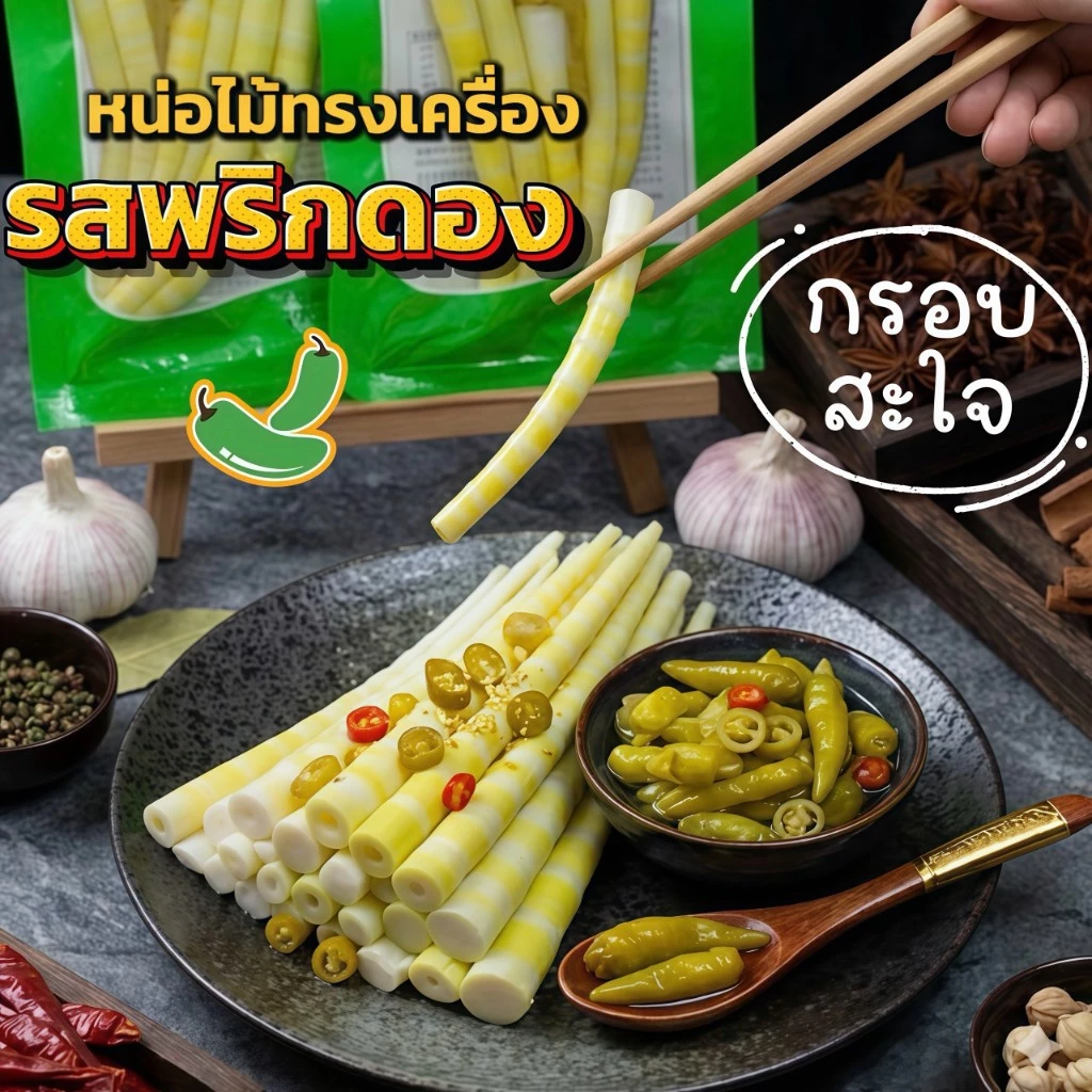 หน่อไม้พริกดองสูตรเด็ด เปรี้ยวเผ็ดกลมกล่อม เคี้ยวกรุบกรอบ ชิ้นใหญ่สะใจสายแซ่บ ขนาดพกพาสะดวก ห่อละ 100 กรัม