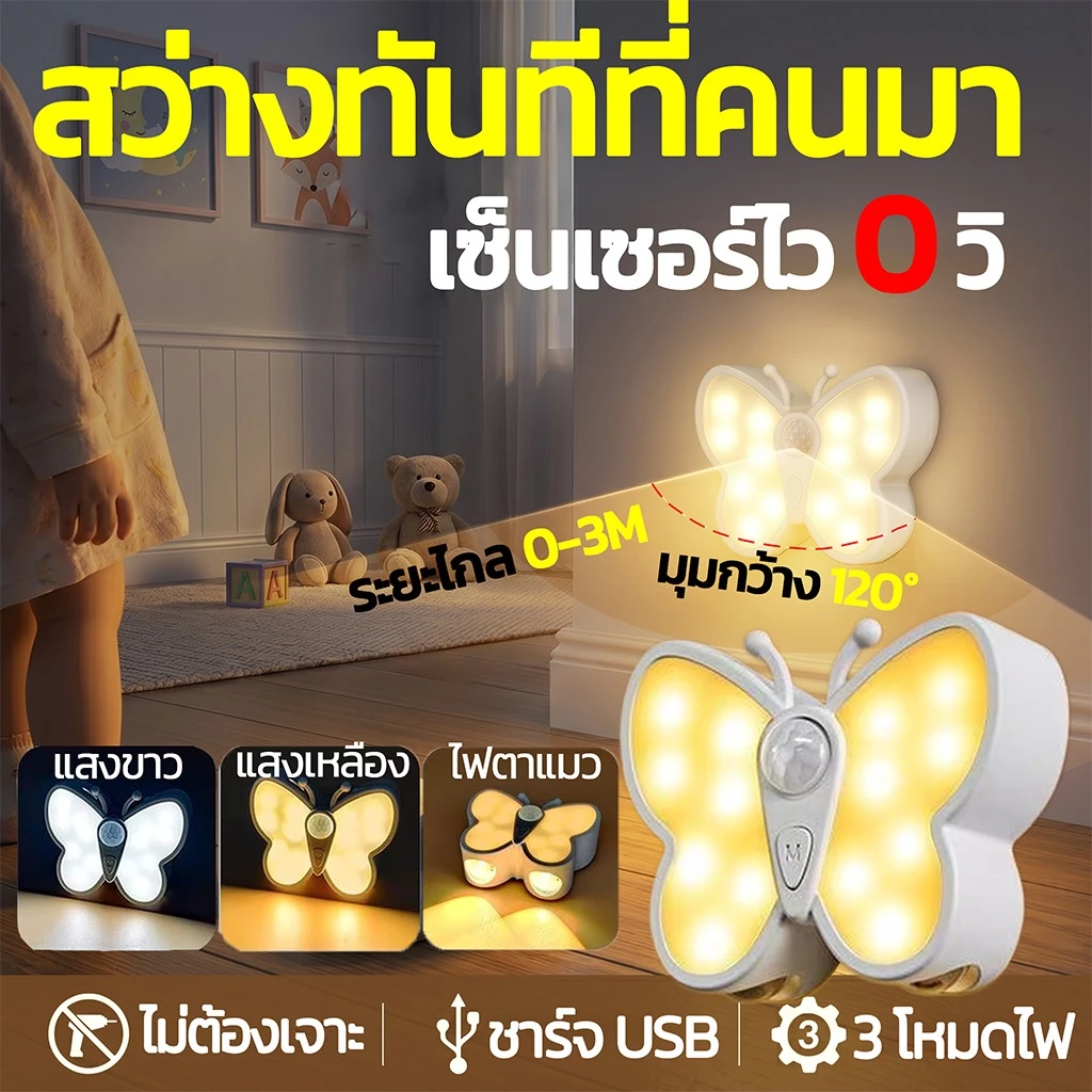 【พร้อมส่ง】ไฟเซ็นเซอร์ LED ไฟกลางคืน รูปผีเสื้อ ชาร์จ USB ปรับได้ 3 สี ไม่ต้องเจาะผนัง ไฟตาแมว โคมไฟทางเดิน ห้องนอนเด็ก