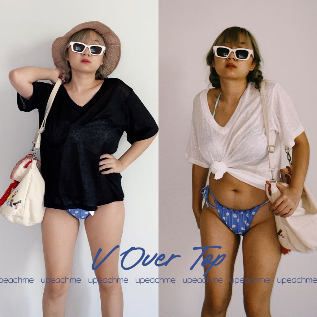 *มีส่งด่วน* upeachme(B11) V OVER TOP เสื้อยืดคอวีสีพื้น เสื้อยืดแขนสั้นมัดเอว