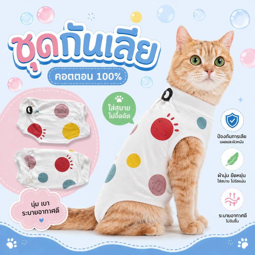 ชุดแมวกันเลีย เสื้อผ้าใส่หลังผ่าตัด ทำหมันแมว ผ้านิ่มใส่สบาย
