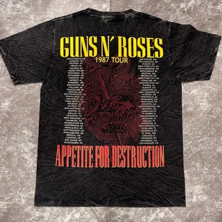 เสื้อยืดผ้าฟอก-ผ้าดำ GunnRoses1987(ป้ายRocktee เรืองแสง) ผ้าCotton100