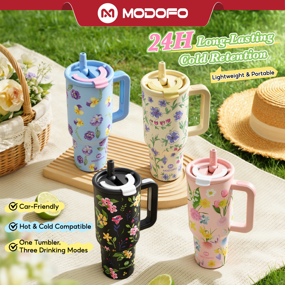 [🎖️แก้วใช้ทั้งวัน]MODOFO แก้วเก็บความเย็นใหญ่ 1.2L หลอดแก้วเก็บความเย็น หูหิ้วกระบอก 100%SUS304 แก้ว