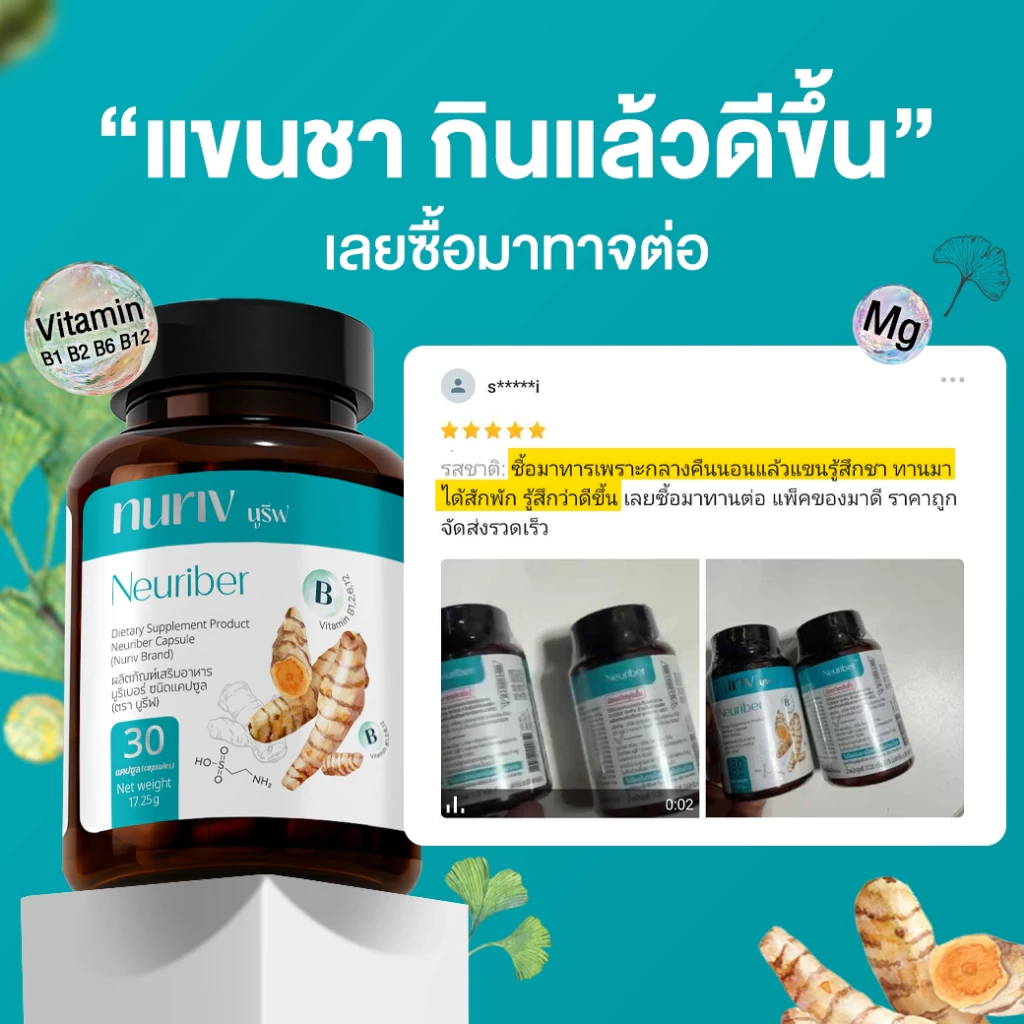 Nuriv Neuriber  นูรีฟ นูริเบอร์  วิตามินบรรเทามือเท้าชา เหน็บชา ตะคริว นิ้วล็อค ปลายประสาทอักเสบ 30 แคปซูล thumbnail 8