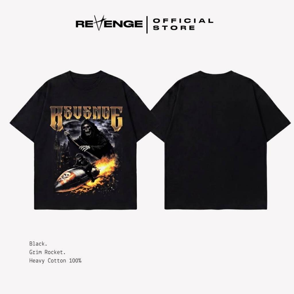 REVENGE Vintage Street –  Grim Rocket เสื้อยืดสีดำ วินเทจพรีเมี่ยม ผ้า Cotton USA งาน DTG คุณภาพสูง รุ่น RE034