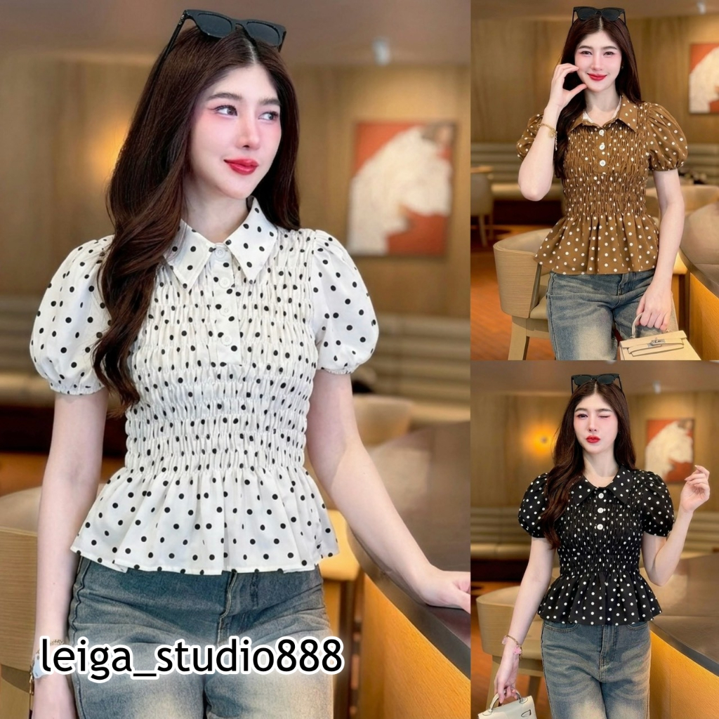 เสื้อแฟชั่น ผ้าไหมอิตาลี  (Polka Dot) คอปก มีกระดุม แขนตุ๊กตา แต่งสม๊อคเข้ารูป  แต่งระบาย ใส่แมท LG230