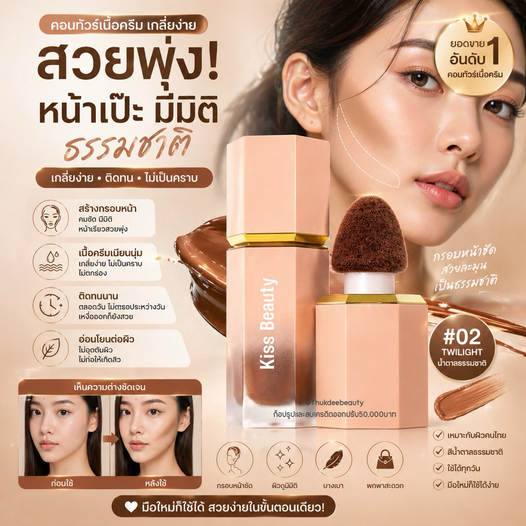 ส่งฟรี/แท้ คอนทัวร์เนื้อครีม คอนทัวร์จุ่ม Kiss Beauty Liquid Contour เฉดดิ้ง หัวคุชชั่น เกลี่ยง่าย กันน้ํา ติดทน