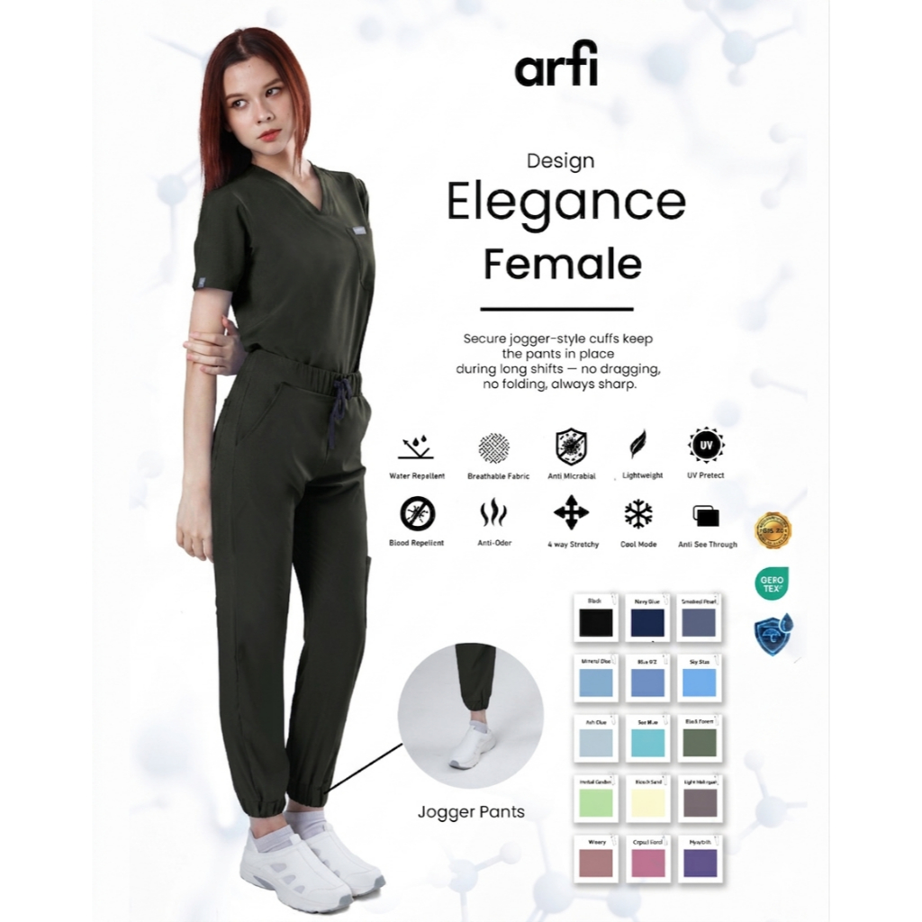 Arfi Scrub Elegance Female Set กางเกงสครับรุ่นขาจั๊มผู้หญิง ผ้าสะท้อนน้ำ ป้องกันแบคทีเรีย ยับยาก ผ้า