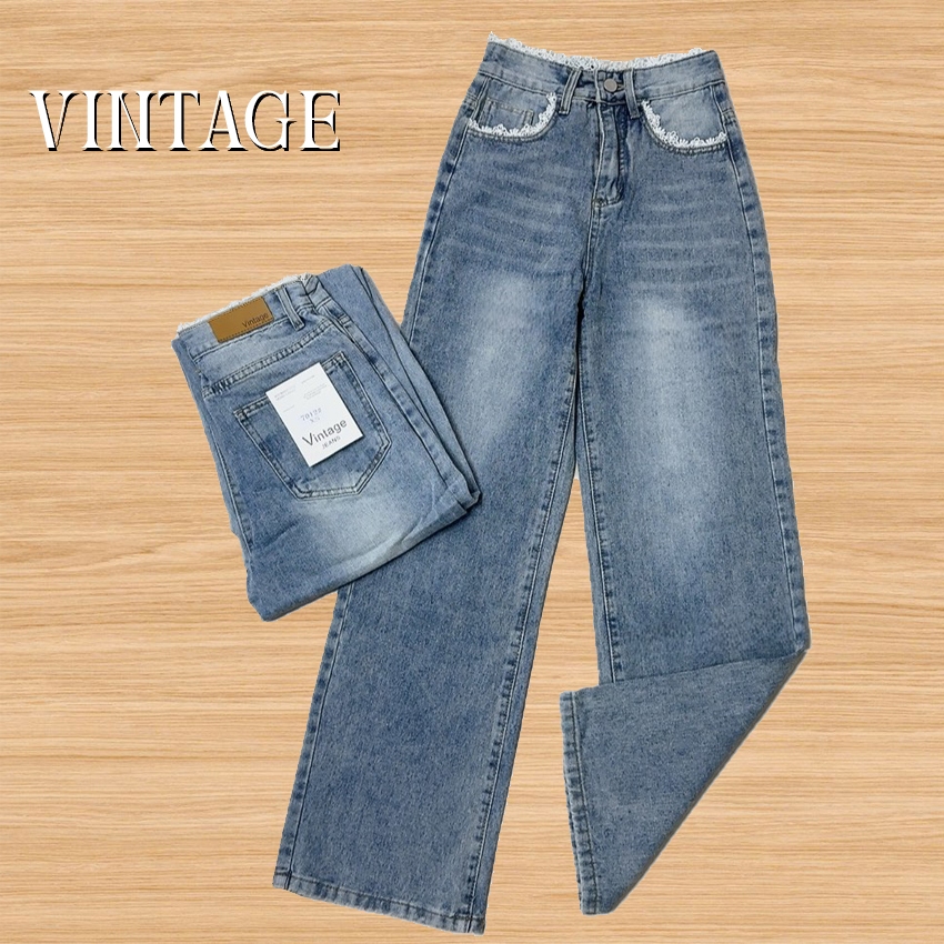 Vintage รุ่น 7012 กางเกงยีนส์ ทรงกระบอก ลายลูกไม้ แต่งเฟดขา ทรงสวยผ้าไม่ยืด