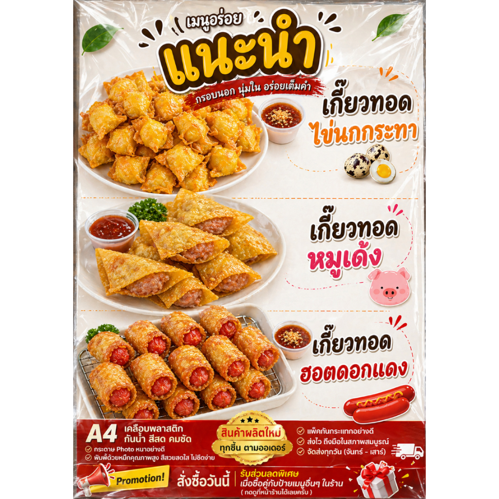 ป้ายเมนู "เกี๊ยวทอดกรอบๆ" ขนาด A4 สีสด คมชัด ดึงดูดลูกค้าเข้าร้าน!